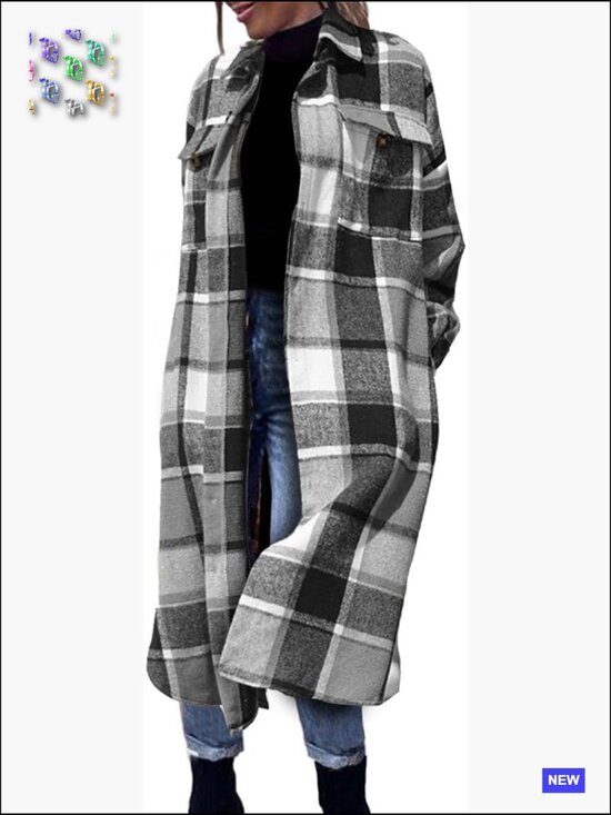 Jackets & Blazers - Long Plaid Shacket Wool Blend Button Down Shirt Jacket Coat Pockets